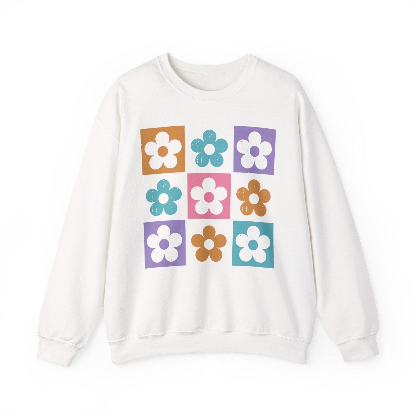 Retro Flower Grid Sweatshirt | Modern Floral Pattern, Colorful Minimalist Design