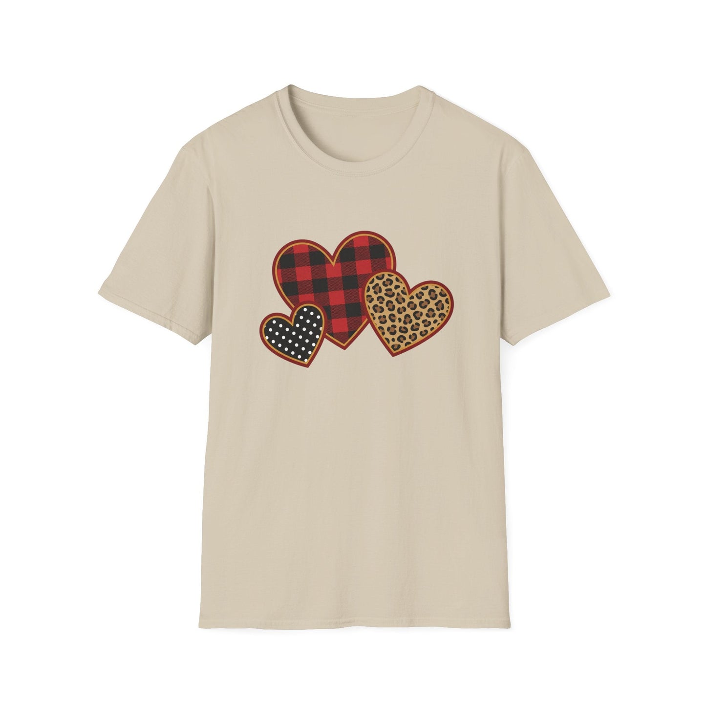 Patterned Hearts Valentine T-Shirt – Buffalo Plaid, Leopard & Polka Dot Love Design