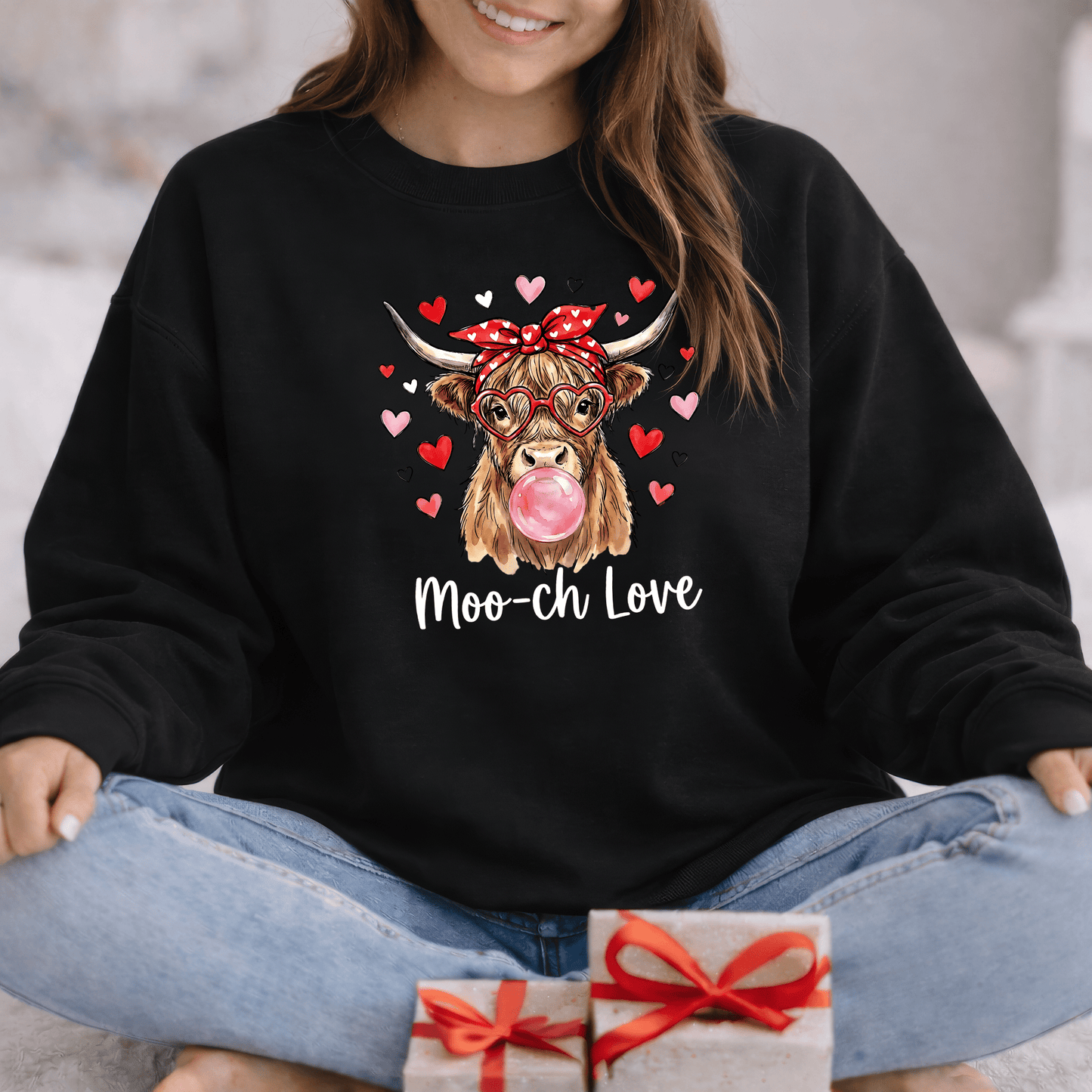 Moo-ch Love Highland Cow Valentine Sweatshirt | Cute Bubblegum, Heart Glasses Design