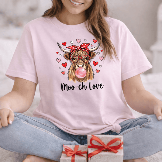 Moo-ch Love Highland Cow Valentine T-Shirt | Cute Bubblegum, Heart Glasses Design