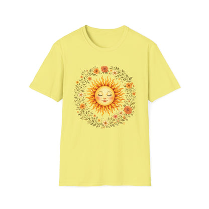 Radiant Sun & Floral Wreath t-shirt | Soft Botanical Spring Design