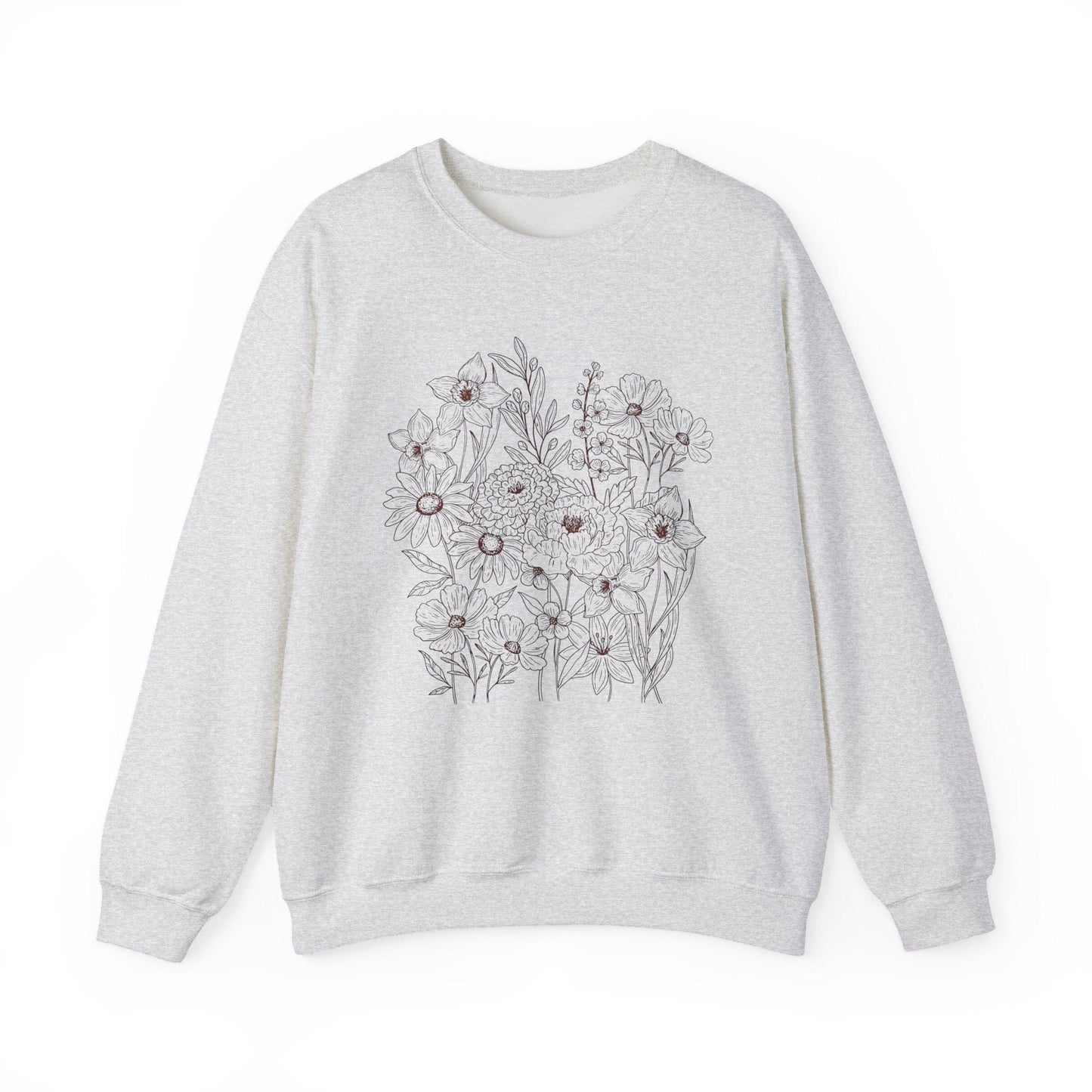 Vintage Floral Line Art Sweatshirt | Dark Botanical Wildflower Design