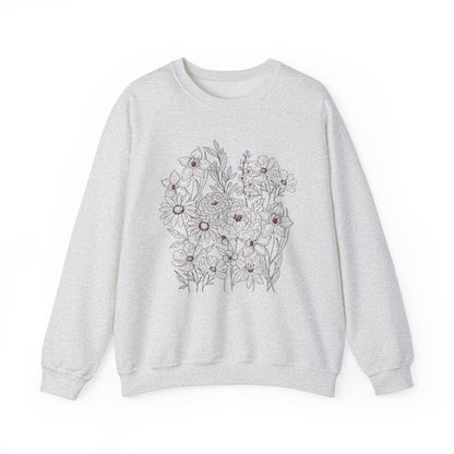 Vintage Floral Line Art Sweatshirt | Dark Botanical Wildflower Design