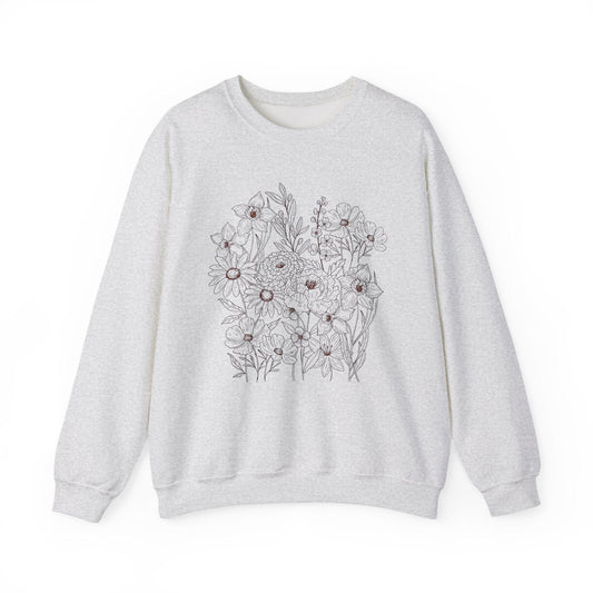 Vintage Floral Line Art Sweatshirt | Dark Botanical Wildflower Design