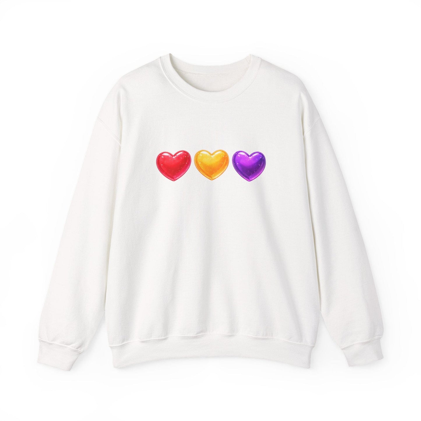 Colorful Candy Heart Trio Valentine Shirt | Cute Glossy Heart Love Sweatshirt