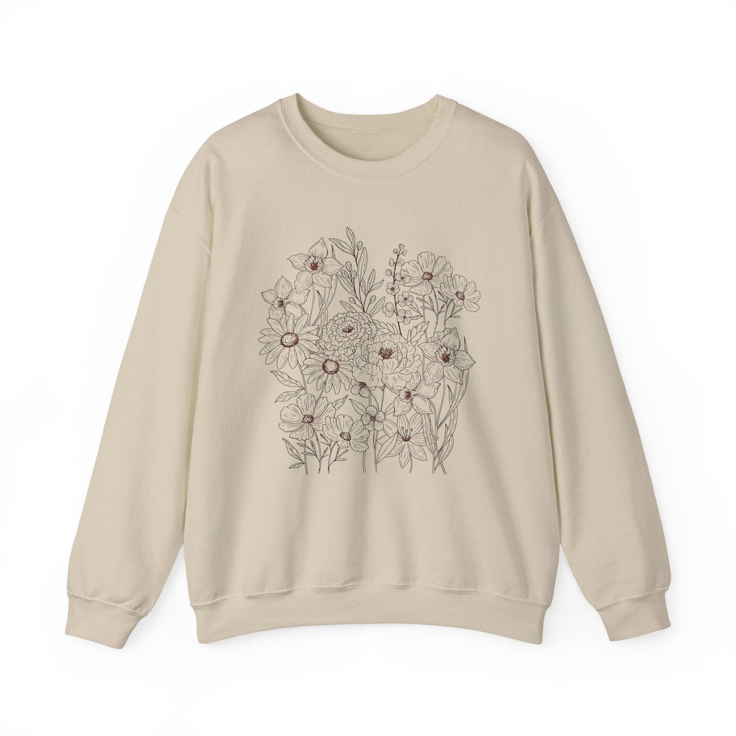 Vintage Floral Line Art Sweatshirt | Dark Botanical Wildflower Design