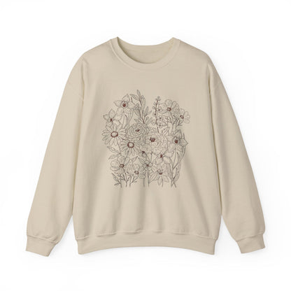 Vintage Floral Line Art Sweatshirt | Dark Botanical Wildflower Design