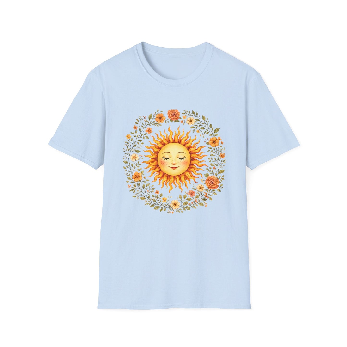 Radiant Sun & Floral Wreath t-shirt | Soft Botanical Spring Design