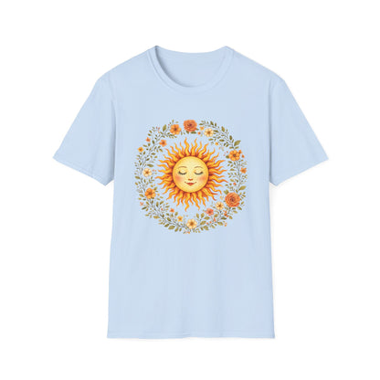 Radiant Sun & Floral Wreath t-shirt | Soft Botanical Spring Design