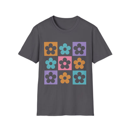 Retro Flower Grid t-shirt | Modern Floral Pattern, Colorful Minimalist Design