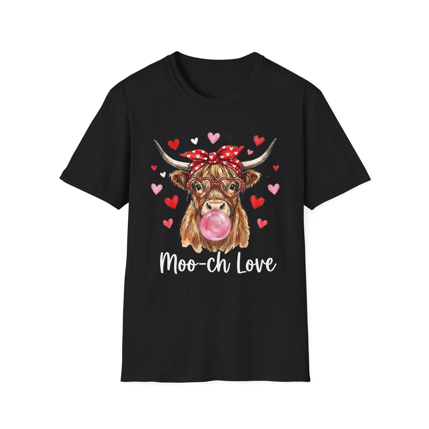 Moo-ch Love Highland Cow Valentine T-Shirt | Cute Bubblegum, Heart Glasses Design