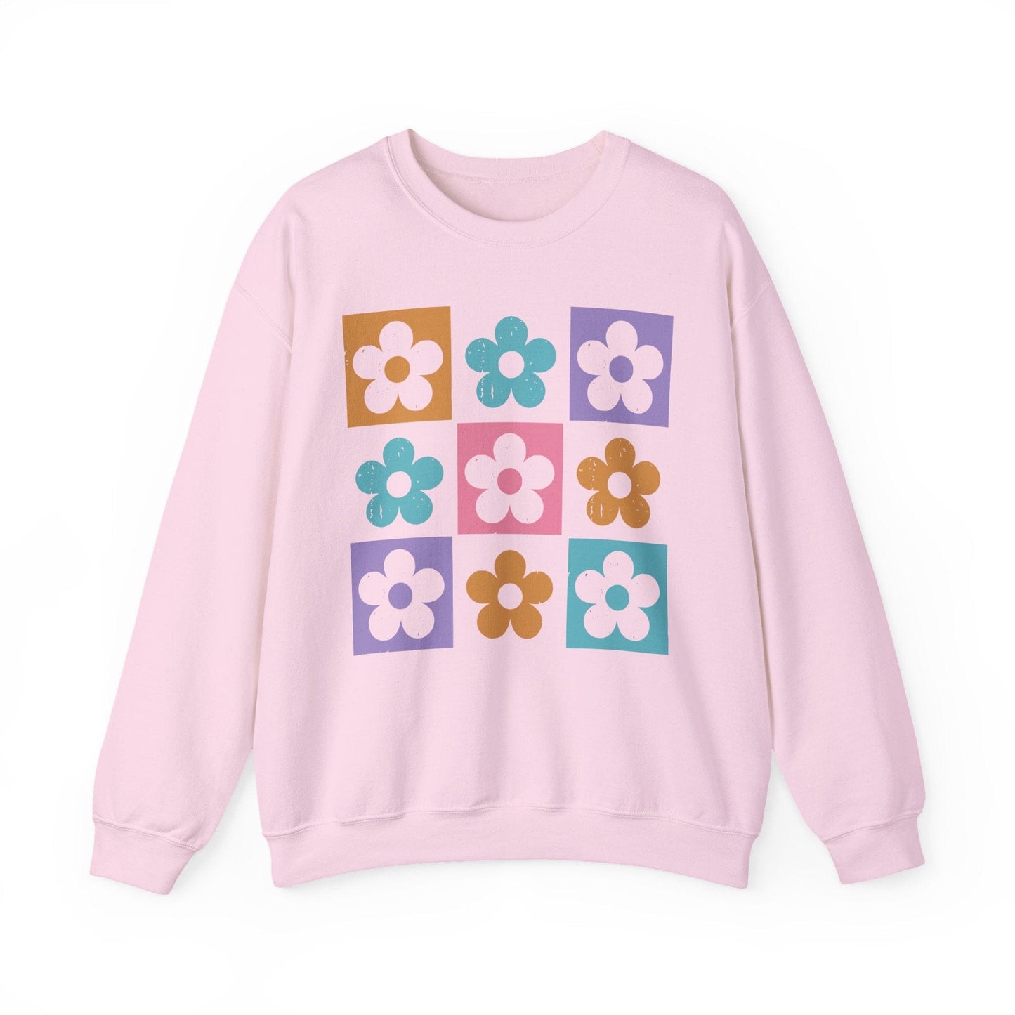 Retro Flower Grid Sweatshirt | Modern Floral Pattern, Colorful Minimalist Design