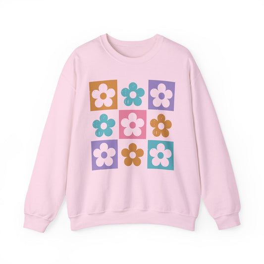 Retro Flower Grid Sweatshirt | Modern Floral Pattern, Colorful Minimalist Design
