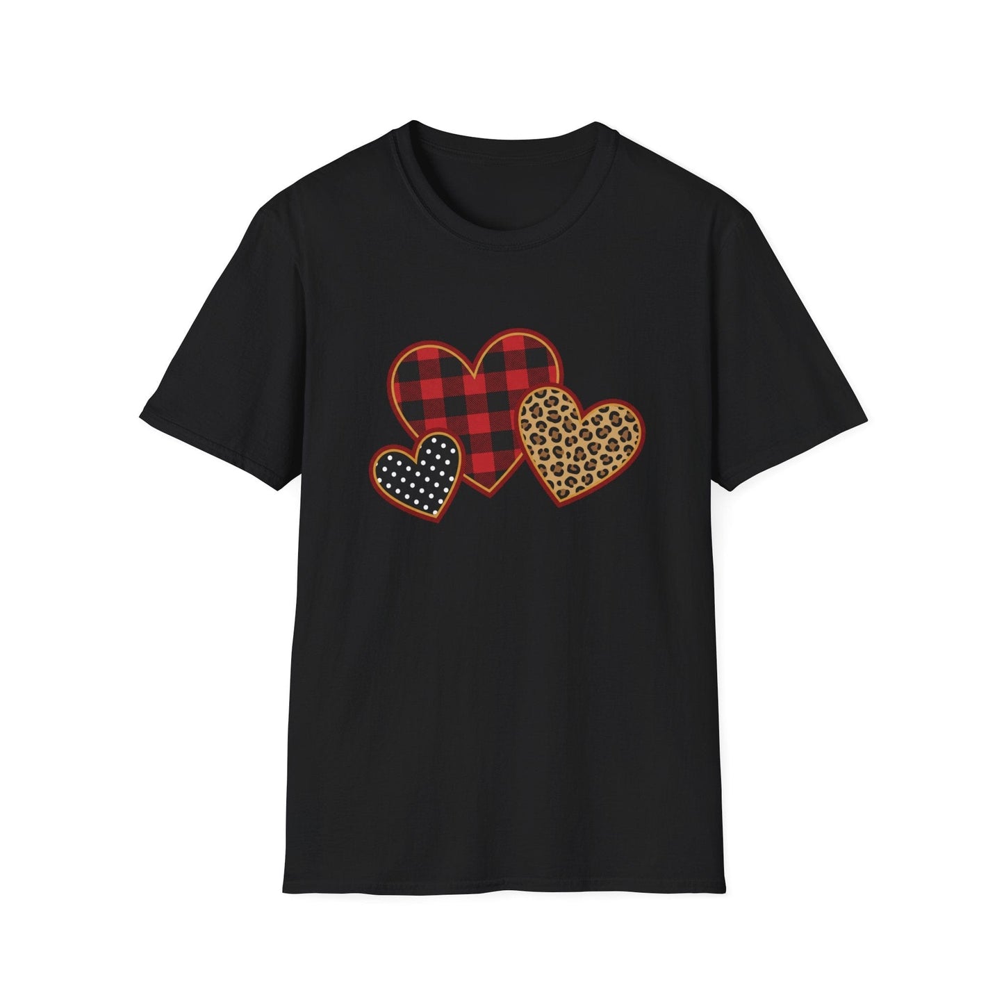 Patterned Hearts Valentine T-Shirt – Buffalo Plaid, Leopard & Polka Dot Love Design