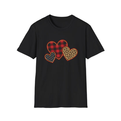 Patterned Hearts Valentine T-Shirt – Buffalo Plaid, Leopard & Polka Dot Love Design