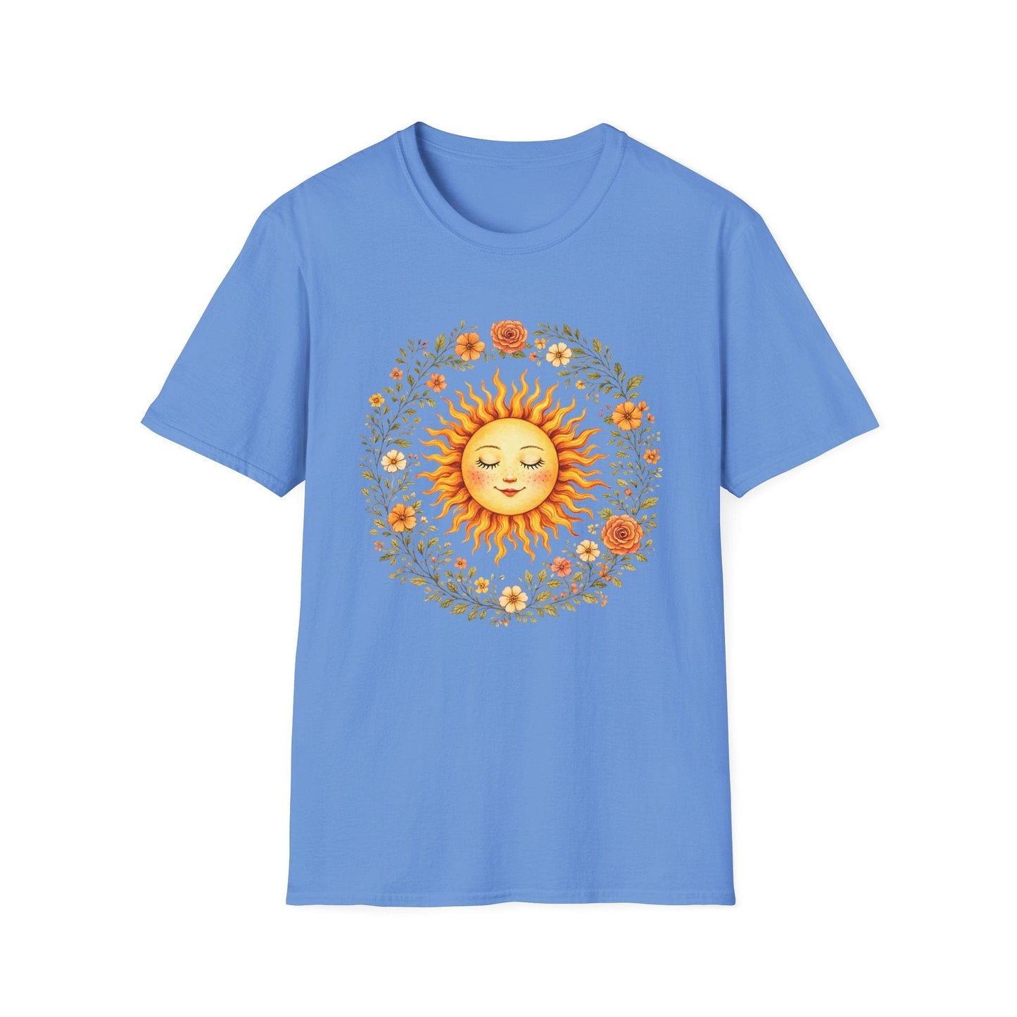 Radiant Sun & Floral Wreath t-shirt | Soft Botanical Spring Design