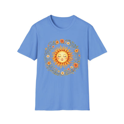Radiant Sun & Floral Wreath t-shirt | Soft Botanical Spring Design