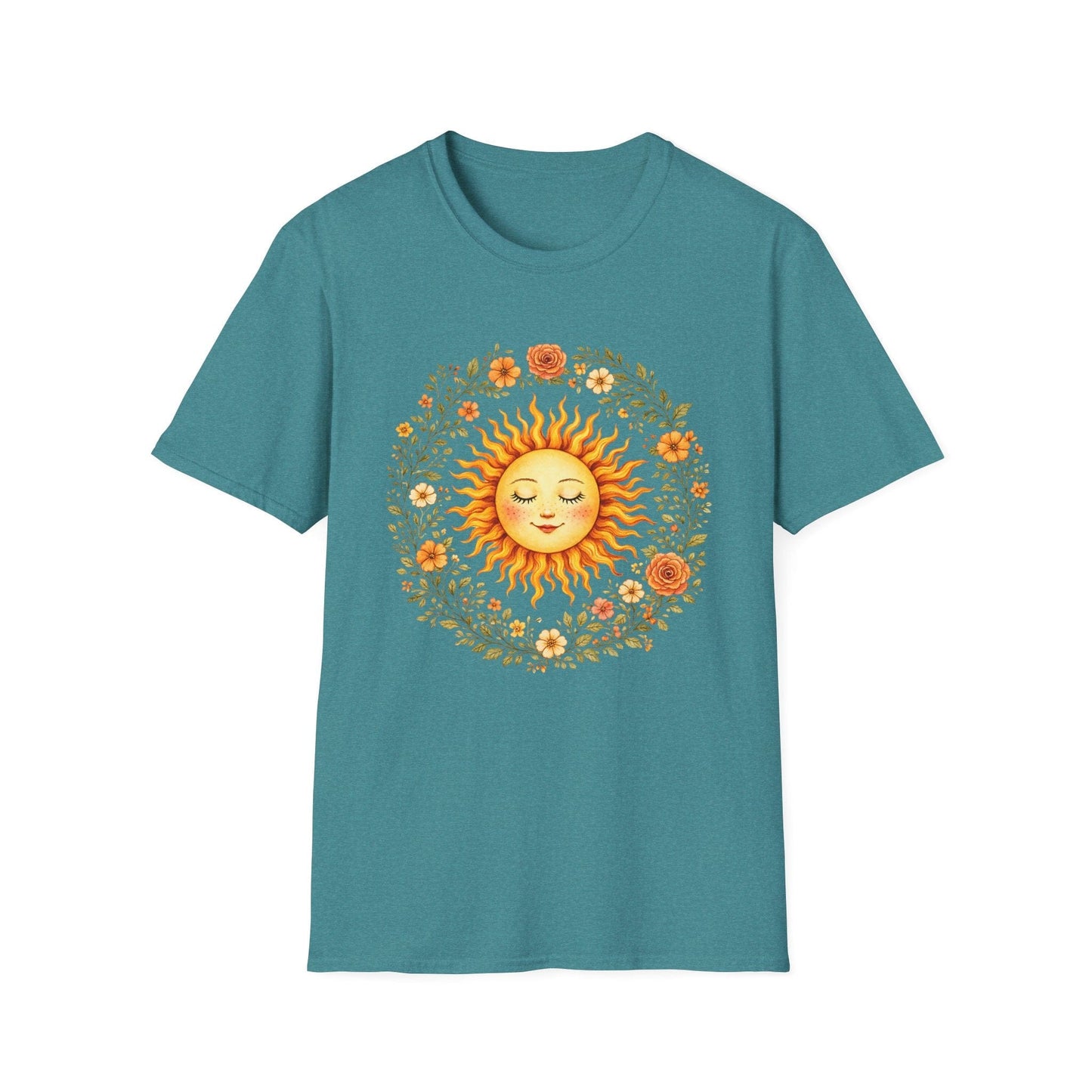 Radiant Sun & Floral Wreath t-shirt | Soft Botanical Spring Design