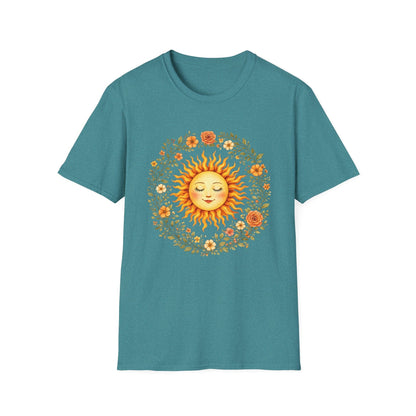 Radiant Sun & Floral Wreath t-shirt | Soft Botanical Spring Design