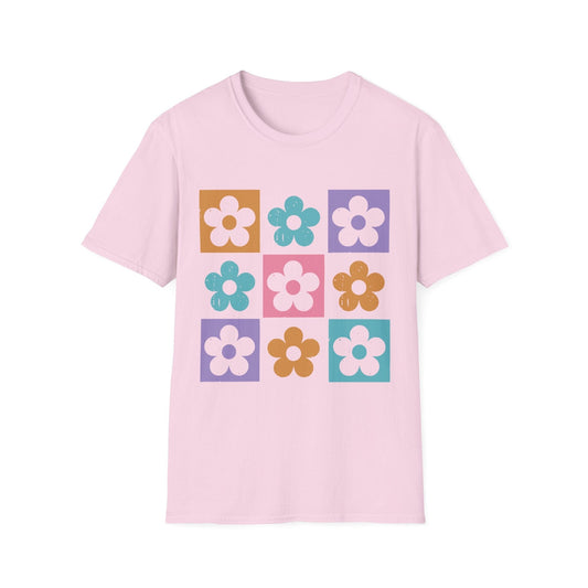 Retro Flower Grid t-shirt | Modern Floral Pattern, Colorful Minimalist Design