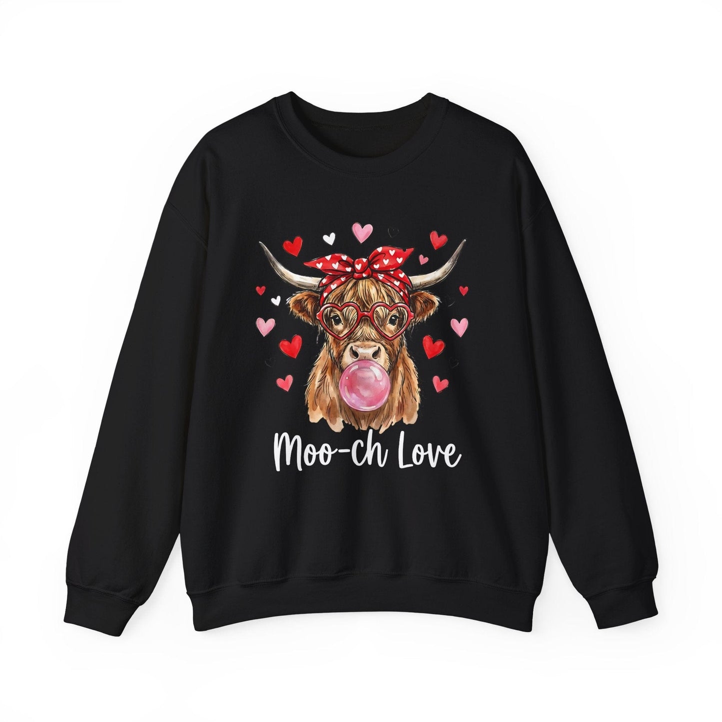 Moo-ch Love Highland Cow Valentine Sweatshirt | Cute Bubblegum, Heart Glasses Design