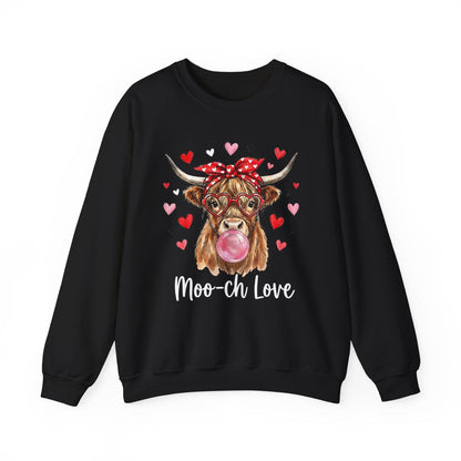 Moo-ch Love Highland Cow Valentine Sweatshirt | Cute Bubblegum, Heart Glasses Design