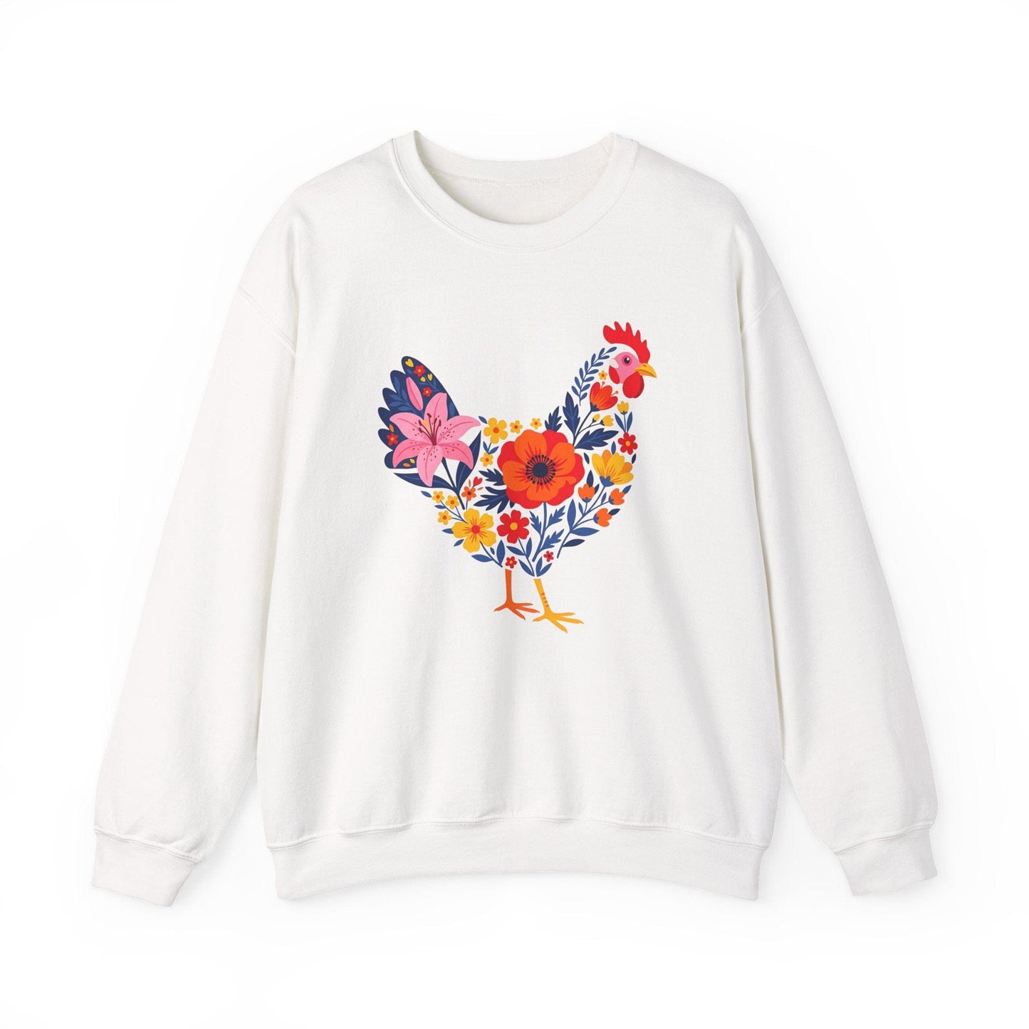 Floral Chicken Sweatshirt | Folk Art Spring Farm Design