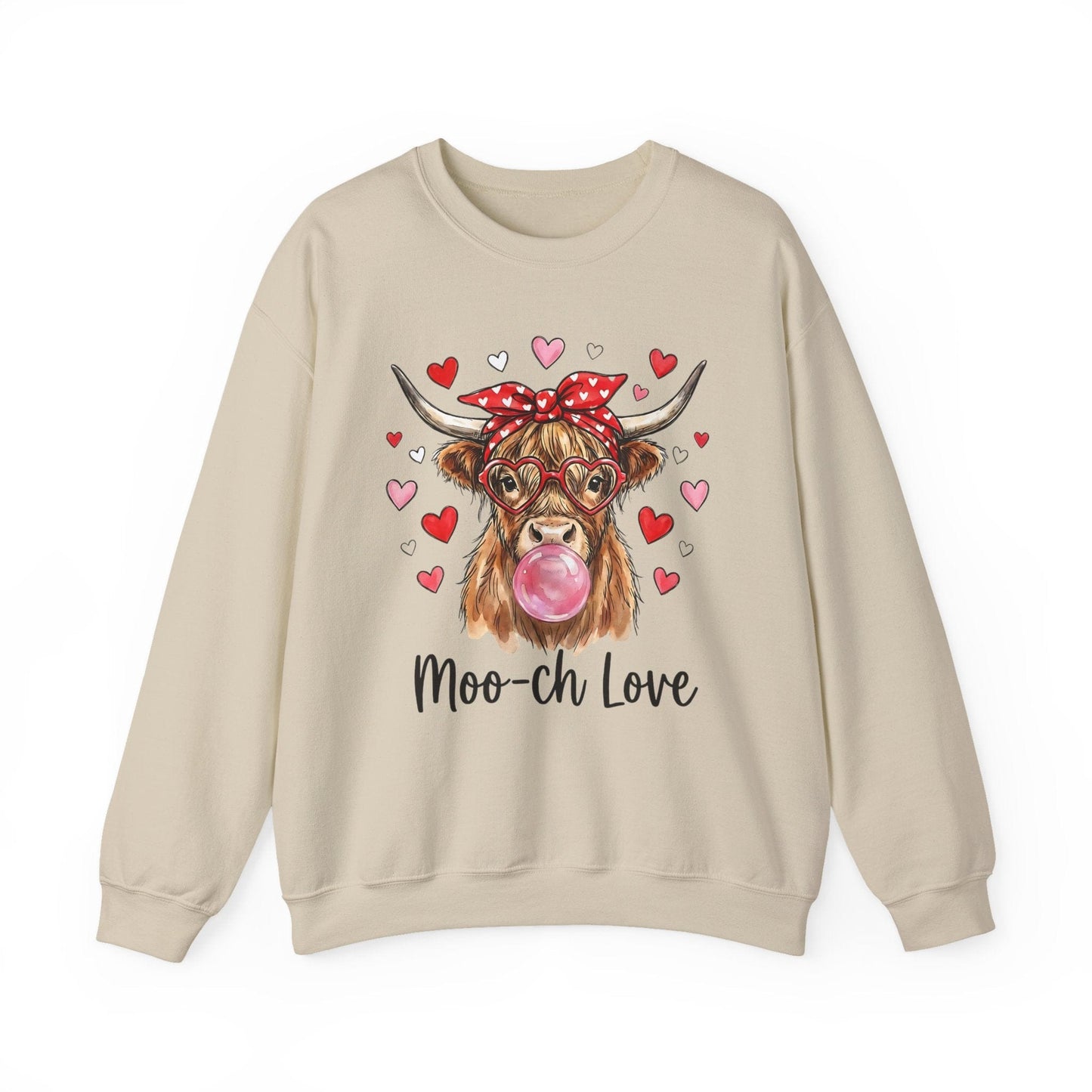 Moo-ch Love Highland Cow Valentine Sweatshirt | Cute Bubblegum, Heart Glasses Design