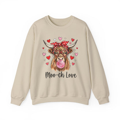 Moo-ch Love Highland Cow Valentine Sweatshirt | Cute Bubblegum, Heart Glasses Design
