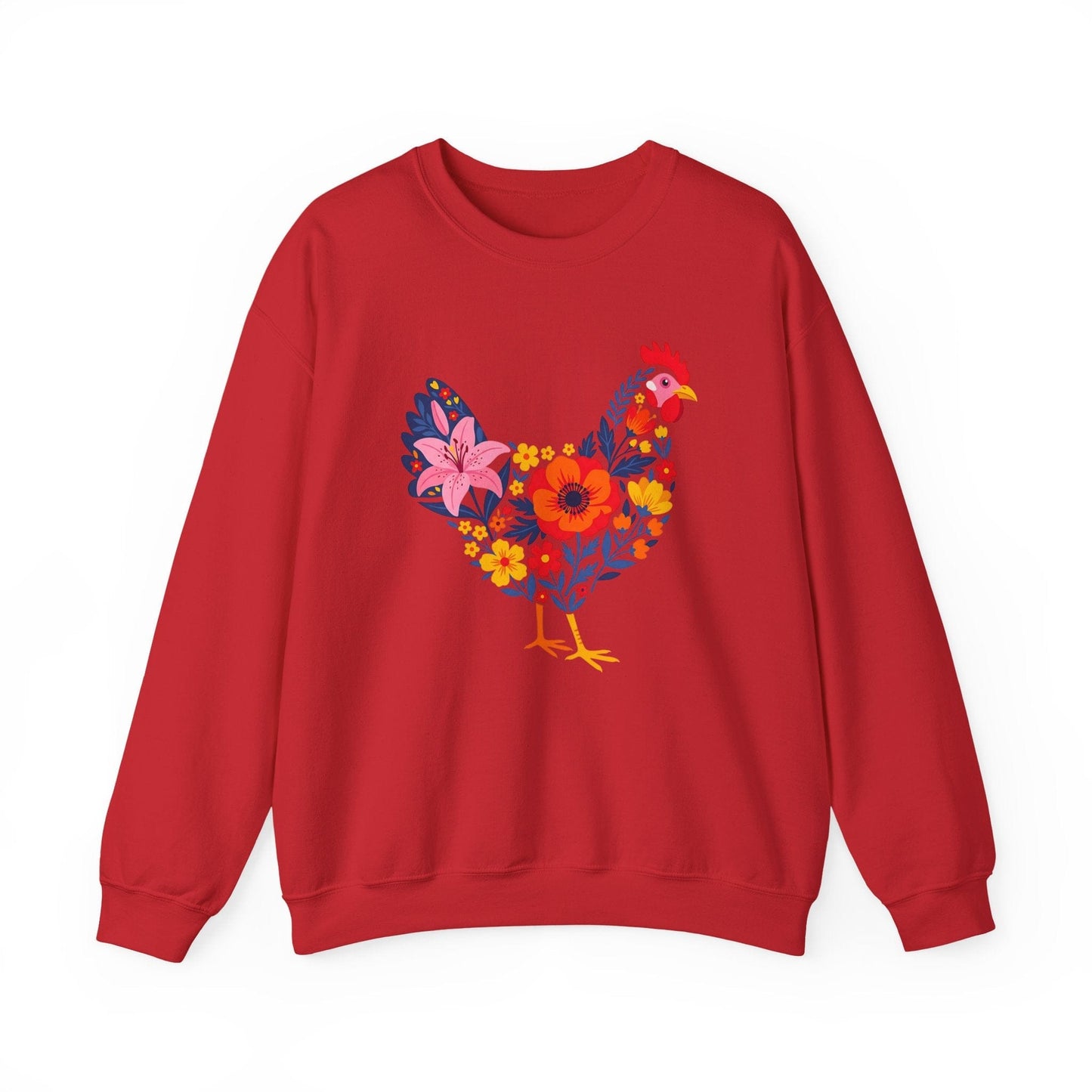 Floral Chicken Sweatshirt | Folk Art Spring Farm Design