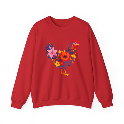 Floral Chicken Sweatshirt | Folk Art Spring Farm Design