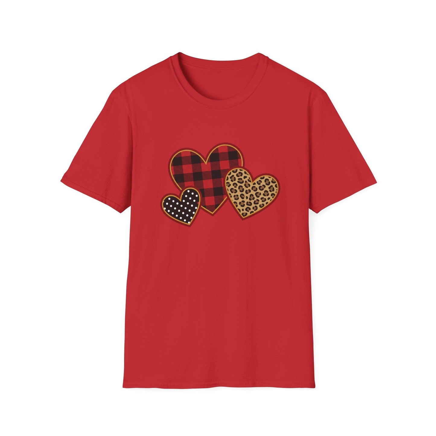 Patterned Hearts Valentine T-Shirt – Buffalo Plaid, Leopard & Polka Dot Love Design