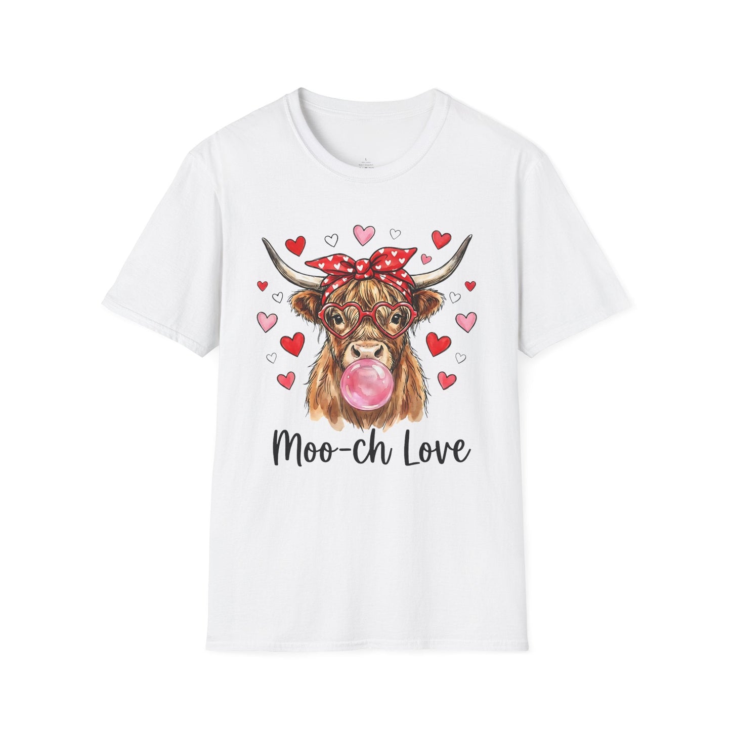 Moo-ch Love Highland Cow Valentine T-Shirt | Cute Bubblegum, Heart Glasses Design