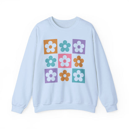 Retro Flower Grid Sweatshirt | Modern Floral Pattern, Colorful Minimalist Design