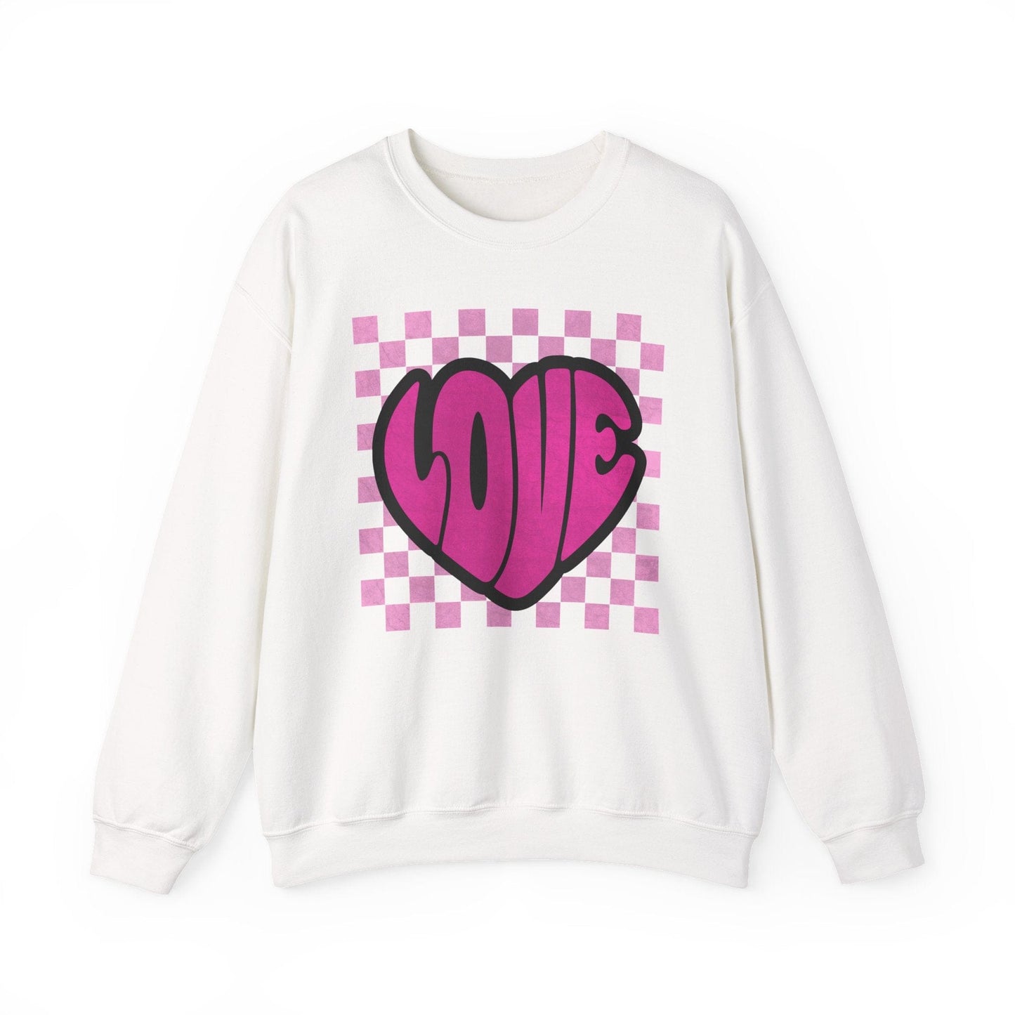 LOVE Heart Checkerboard Valentine Shirt | Trendy Pink Graphic Sweatshirt