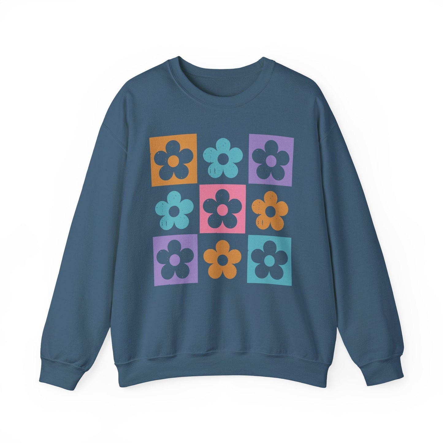 Retro Flower Grid Sweatshirt | Modern Floral Pattern, Colorful Minimalist Design