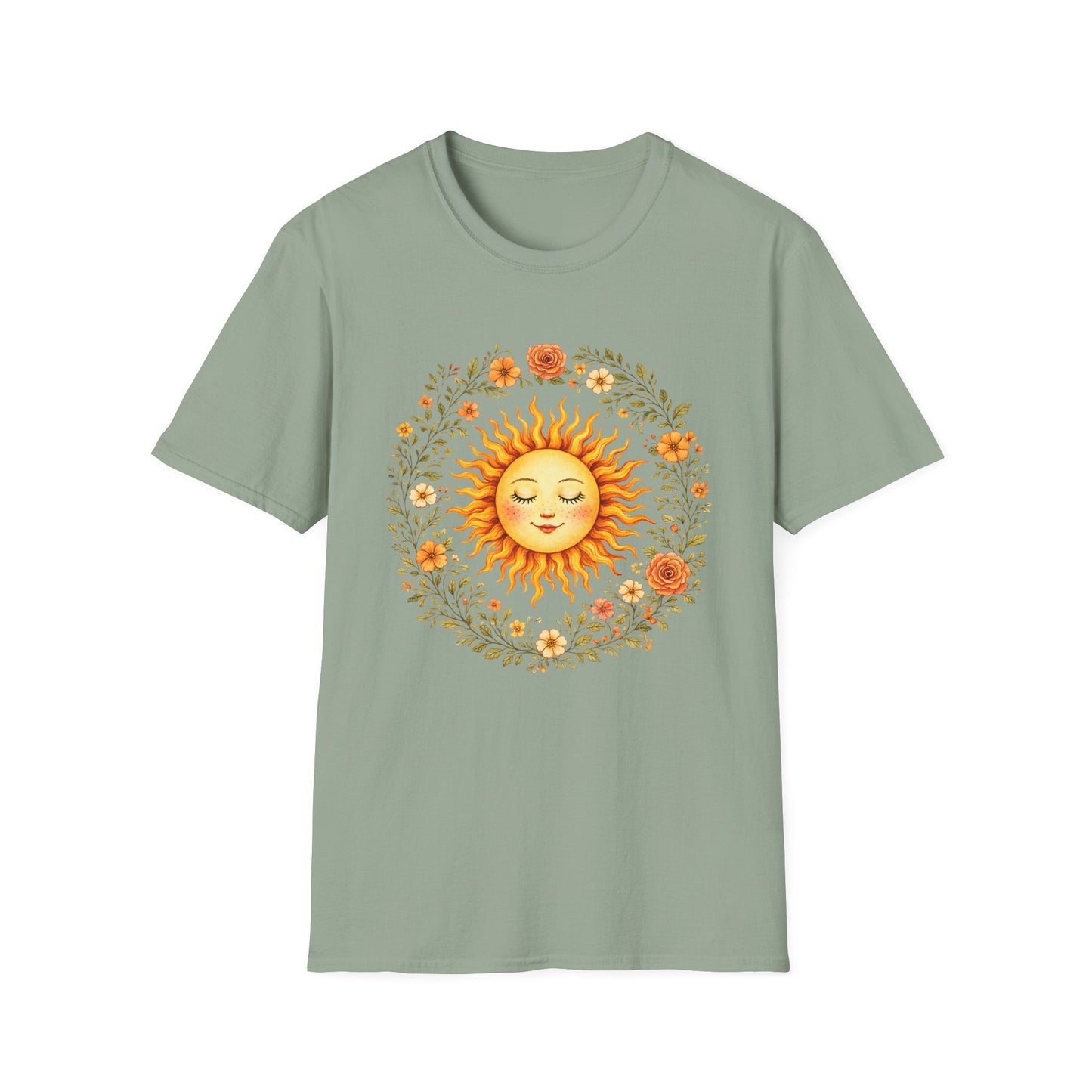 Radiant Sun & Floral Wreath t-shirt | Soft Botanical Spring Design