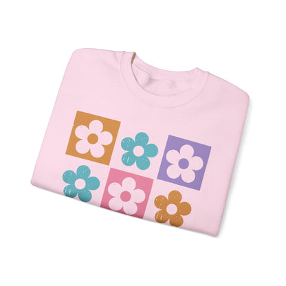 Retro Flower Grid Sweatshirt | Modern Floral Pattern, Colorful Minimalist Design