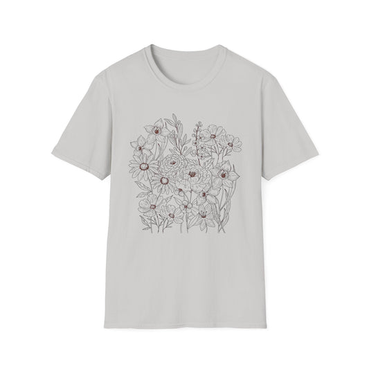Vintage Floral Line Art t-shirt | Dark Botanical Wildflower Design