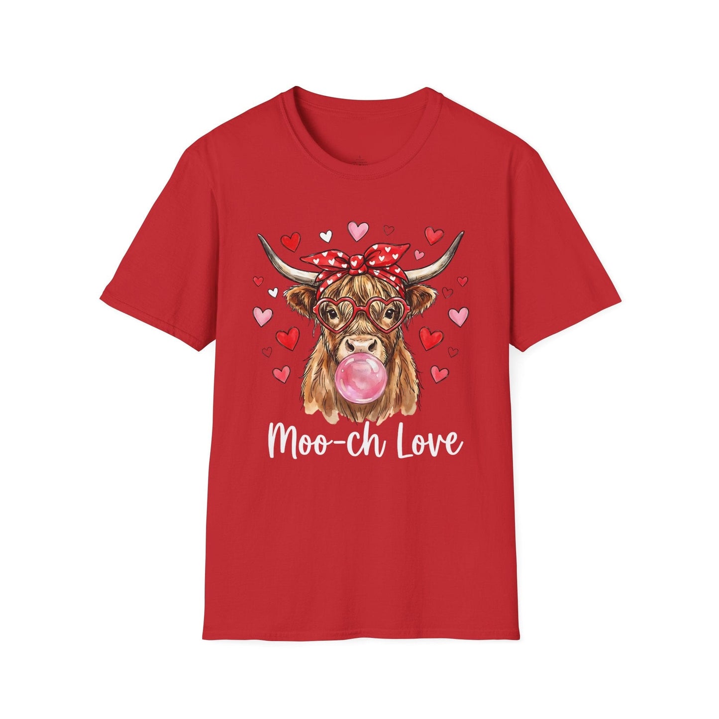 Moo-ch Love Highland Cow Valentine T-Shirt | Cute Bubblegum, Heart Glasses Design