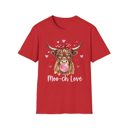 Moo-ch Love Highland Cow Valentine T-Shirt | Cute Bubblegum, Heart Glasses Design