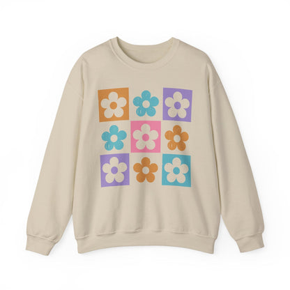 Retro Flower Grid Sweatshirt | Modern Floral Pattern, Colorful Minimalist Design
