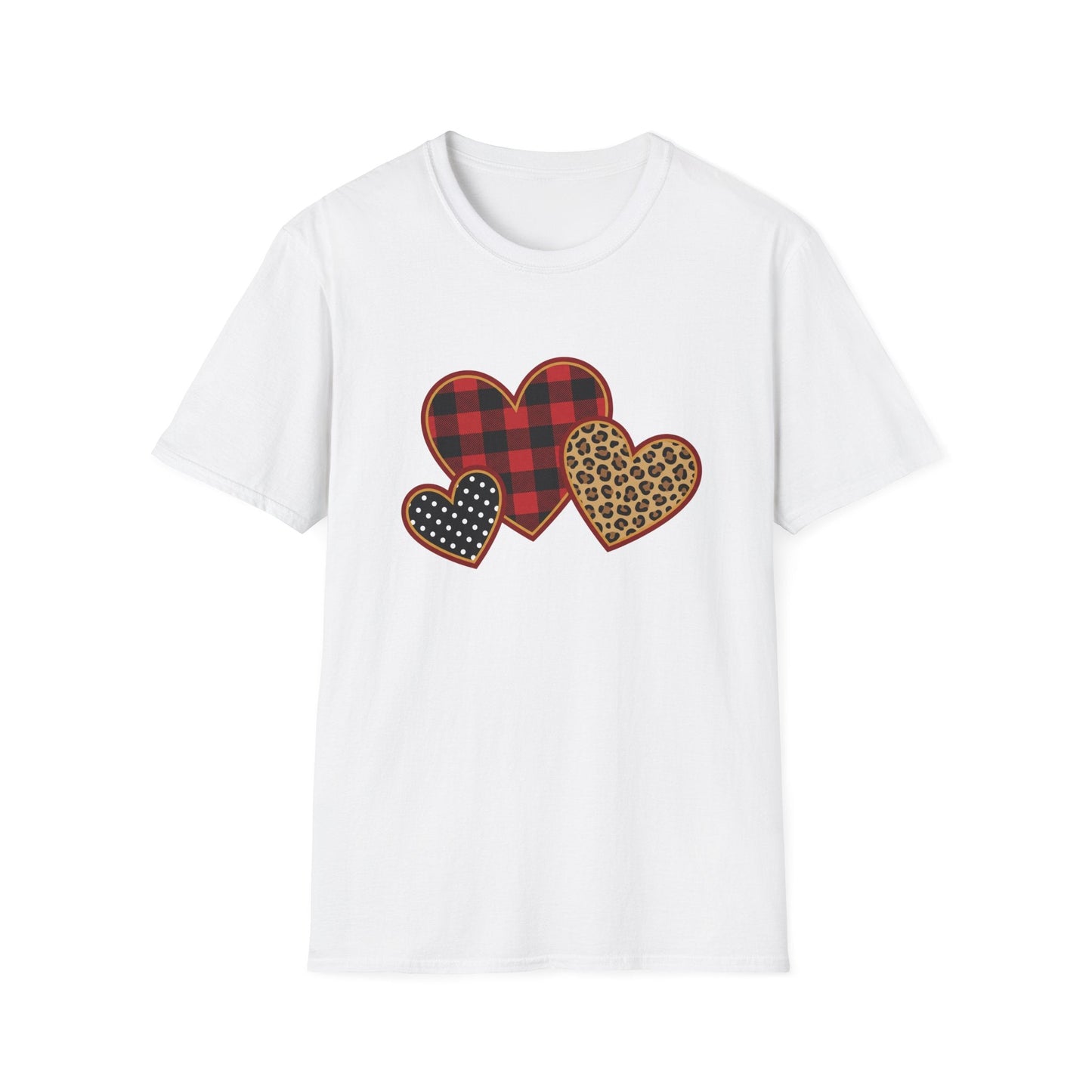 Patterned Hearts Valentine T-Shirt – Buffalo Plaid, Leopard & Polka Dot Love Design