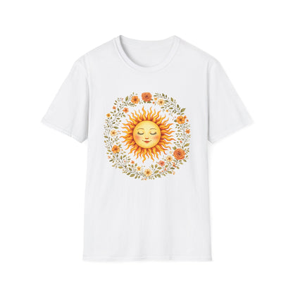 Radiant Sun & Floral Wreath t-shirt | Soft Botanical Spring Design