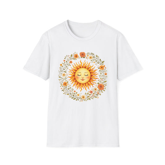 Radiant Sun & Floral Wreath t-shirt | Soft Botanical Spring Design