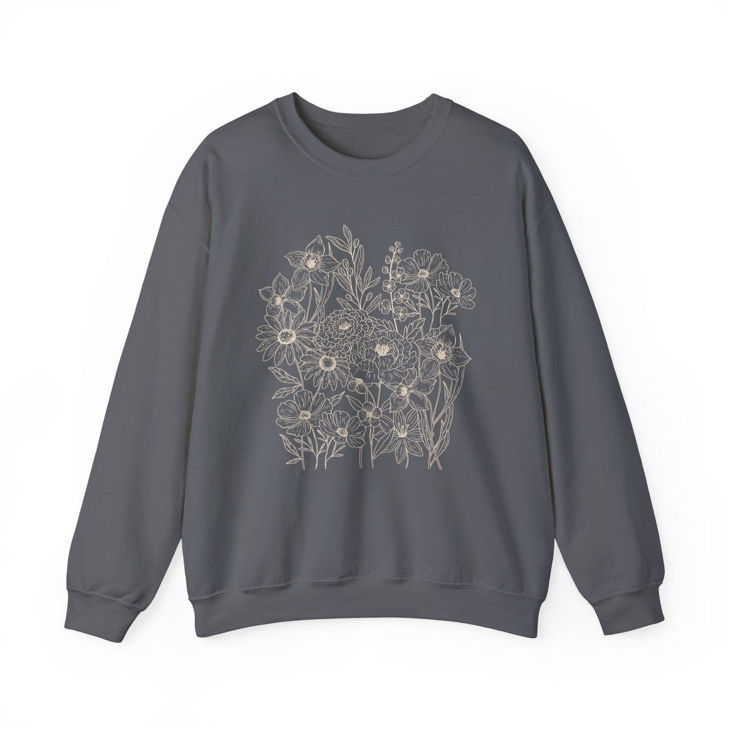 Vintage Floral Line Art Sweatshirt | Dark Botanical Wildflower Design