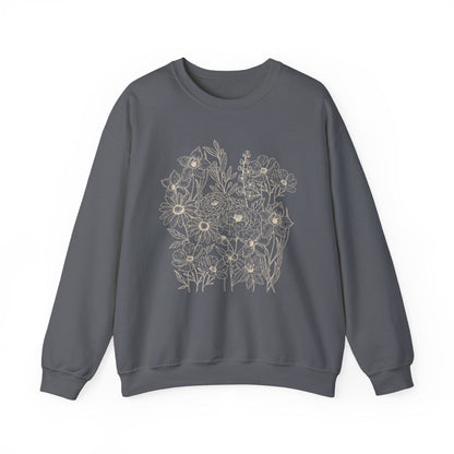 Vintage Floral Line Art Sweatshirt | Dark Botanical Wildflower Design