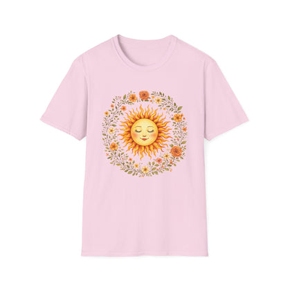 Radiant Sun & Floral Wreath t-shirt | Soft Botanical Spring Design