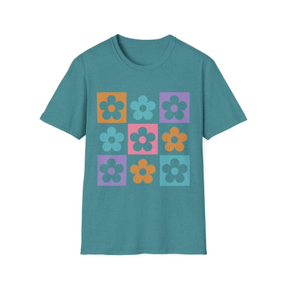Retro Flower Grid t-shirt | Modern Floral Pattern, Colorful Minimalist Design