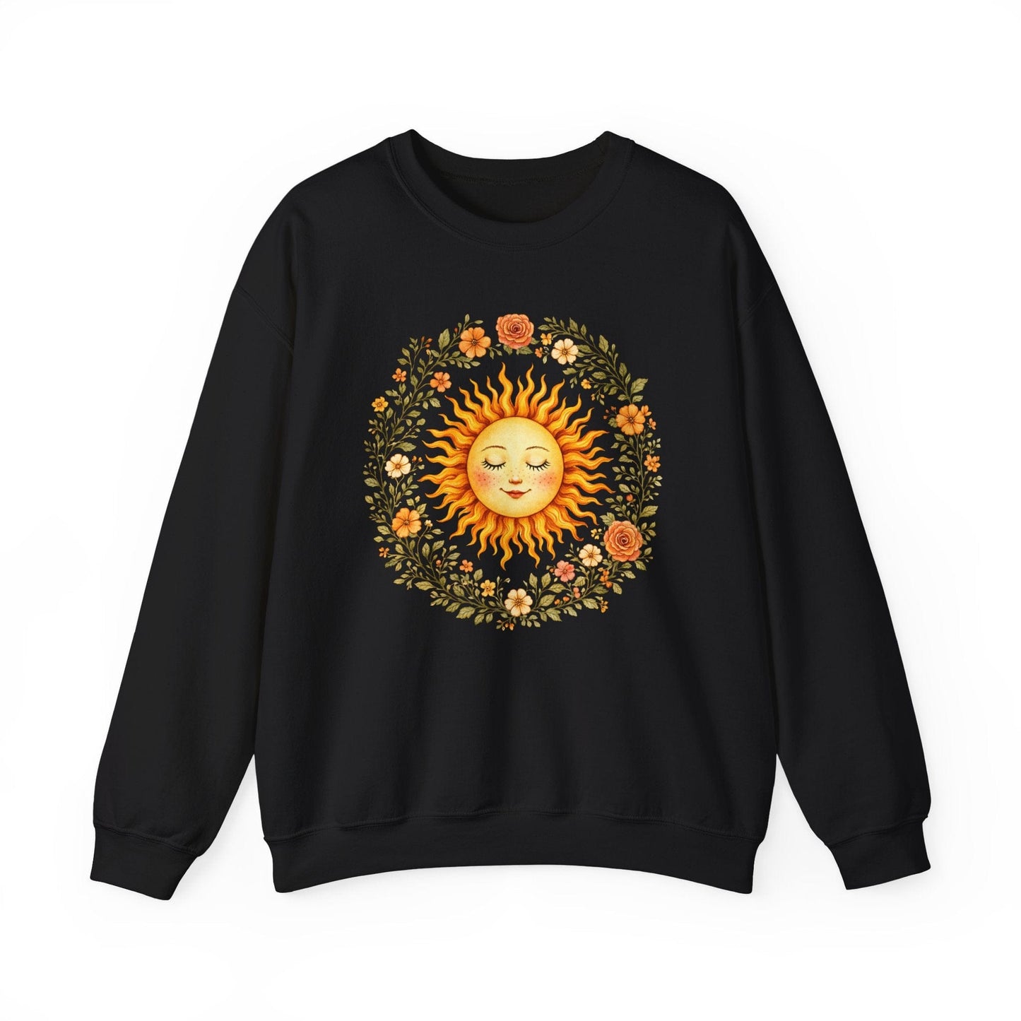 Radiant Sun & Floral Wreath Sweatshirt | Soft Botanical Spring Design